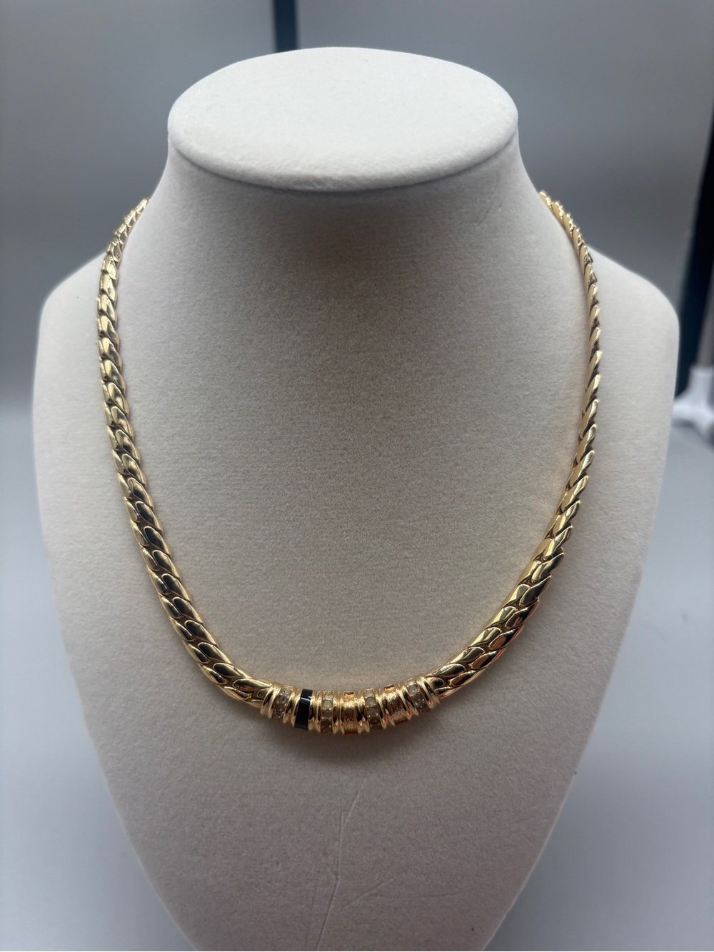 Vintage Dior Gold Tone Statement Necklace Rhinestone Black Detail w: COA